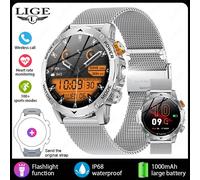 Lige Montre Intelligente Robuste Hommes 1000Mah Batterie De Grande Capacité Lampe De Poche Extérieure Bluetooth Appel Étanche Sport Fitness Smartwatch.Mesh Belt Sliver.