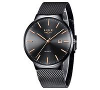 LIGE Montre pour Homme étanche en Acier Inoxydable Simple à Quartz analogique avec Calendrier et Cadran Noir, Noir, 8.07, Bracelet
