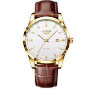 LIGE Montre pour Hommes avec Date Montre éTanche à Quartz pour Hommes en Cuir Jaune-Brun,Or Blanc