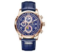 LIGE Montre pour Hommes Chronographe Quartz avec Date Moonphase Design Bleu Bracelet en Cuir Montre Quotidienne étanche - Montres élégantes pour Le Travail et la Vie Quotidienne,Argent Blanc,Or Bleu