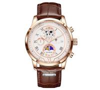 LIGE Montre pour Hommes Chronographe Quartz avec Date Moonphase Design Marron Bracelet en Cuir Montre Quotidienne étanche - Montres élégantes pour Le Travail et la Vie Quotidienne,Or Blanc