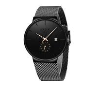 LIGE Montres Homme | 3ATM Waterproof Vintage Quartz Date Mens Watches Black Mesh Stainless Steel Strap Business Casual Simple Analogue Wrist Watch Montre Etanche Homme,Aiguille d'or