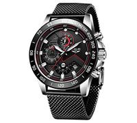 LIGE Montres Hommes, Acier Inoxydable Imperméable Analogique Quartz Montre Chronographe Bande de Maille Milanaise Cadran Noir Date Mode Décontractée Robe Montres Bracelet Argent Noir…