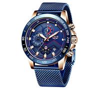 LIGE Montres Hommes, Imperméable Acier Inoxydable Sport Analogique Quartz Montre Chronographe Bande de Maille Milanaise Cadran Bleu Date Mode Décontractée Robe Montres Bracelet Bleu…