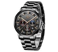 LIGE Montres Hommes Imperméable Acier Inoxydable Sport Quartz analogique Montre homm Décontractée Chronographe Phase de Lune Militaire Noir Montre-Bracelet