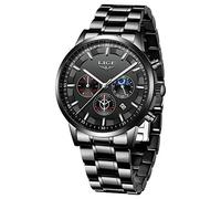 LIGE Montres Hommes Imperméable Acier Inoxydable Sport Quartz analogique Montre homm Décontractée Chronographe Phase de Lune Militaire Noir Montre-Bracelet, Silver Black, Bracelet