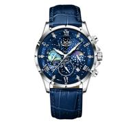 LIGE Montres Hommes Montre Chronographe Étanche à Quartz Phase De Lune en Bleu Cuir Montre d'affaires Décontractée pour Hommes avec Affichage De La Date Lumineuse,Bleu Argenté