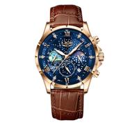 LIGE Montres Hommes Montre Chronographe Étanche à Quartz Phase De Lune en Marron Cuir Montre d'affaires Décontractée pour Hommes avec Affichage De La Date Lumineuse,Bleu Or