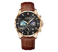 LIGE Montres Hommes Montre Chronographe Étanche à Quartz Phase De Lune en Marron Cuir Montre d'affaires Décontractée pour Hommes avec Affichage De La Date Lumineuse,Or Et Noir