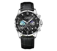 LIGE Montres Hommes Montre Chronographe Étanche à Quartz Phase De Lune en Noir Cuir Montre d'affaires Décontractée pour Hommes avec Affichage De La Date Lumineuse,Noir Argenté