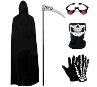 Ligeinsrk Costume Grim Reaper pour les grands enfants, 5pcs / manteau à capuche réglé avec masque de crâne, gants et lunettes brillantes pour Halloween