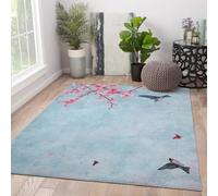 Light Blue 90x150 Lavable Area Tapis Sakura Cherry carpette for Chambre Salon antiderapant Descente de lit Minimal Japanese Spring Floral Bird Oriental Accent Cuisine Office Salle Bain