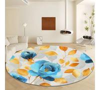 Light Grey Round Area Rug, Soft Low Pile Machine Washable Carpet - Non Slip Faux Wool Rose Flower Golden Leaves Rugs for Living Room Bedroom Dining Room Office Home Decor Diameter 100 cm