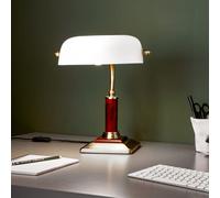 Lightbox lampe de banquier avec tête pivotante & interrupteur à bascule | 34 cm de hauteur | lampe de bureau classique avec abat-jour Michglas | en verre/métal/bois de chêne en laiton/or/blanc