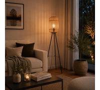 Lightbox Nature Lampadaire décoratif, à 3 pieds, compatible avec 1 ampoule de culot E27 de 40 W maximum, en métal/rotin noir/marron clair