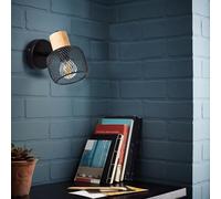 Lightbox Spot mural | 15 x 15 x 10 cm | Spot mural avec abat-jour en grille et tête pivotante | base en pin | douille E14 | chambre à coucher | en métal/bois | en noir/marron