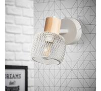 Lightbox Spot mural | 15 x 15 x 10 cm | Spot mural avec abat-jour en grille et tête pivotante | base en pin | douille E14 | chambre à coucher | en métal/bois | en blanc/marron