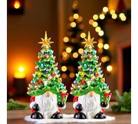 Lighted Christmas Gnomes Decorations - 8’’ GNOME Resin Christmas Tree, Mini Pre-Lit Hand-Painted Xmas Tree Decor, Xmas Countdown with GNOME Decorations for Festive Fun (2Pcs)