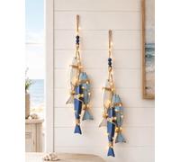 Lighted Coastal Wooden Starfish & Fish Hanging Decor Rustic Nautical Wall Ornament with Jute Rope Beach House Door Bathroom Porch Patio and Summer Home Accent