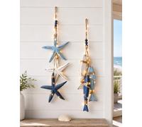 Lighted Coastal Wooden Starfish & Fish Hanging Decor Rustic Nautical Wall Ornament with Jute Rope Beach House Door Bathroom Porch Patio and Summer Home Accent