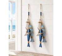 Lighted Coastal Wooden Starfish & Fish Hanging Decor Rustic Nautical Wall Ornament with Jute Rope Beach House Door Bathroom Porch Patio and Summer Home Accent