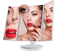 Lighted Makeup Mirror, 21 Led Lights Cosmetic Vanity Mirror, Tri-Fold Magnification Touch Screen 2x3x10x Magnification, 180° Free Rotation Dual Power Source