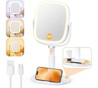 Lighted Makeup Mirror With Lights And 1x/10x Magnification, Tray Base And Adjustable Height For Desktop, 4000mah Rechargeable Battery, 3 Color Lights And Memory Function