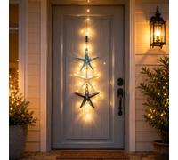 Lighted Nautical Hanging Wall Decor,Mediterranean Nautical Wall Hanging Decor, Wooden Starfish and Fish Hanging Ornament,Rustic Jute Rope Pendant Ornament for Bathroom, Entryway