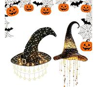 Lighted Witch Hat Hanging Chime, Lighted Witch Hat Hanging Star Chime Halloween LED Decor, Waterproof, Gothic Wind Chimes Delivers Warm Glow for Porches, Windows, Halloween Parties & Entryway，2pc-b