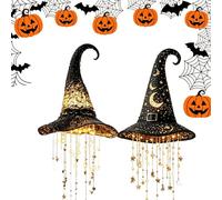 Lighted Witch Hat Hanging Chime, Lighted Witch Hat Hanging Star Chime Halloween LED Decor, Waterproof, Gothic Wind Chimes Delivers Warm Glow for Porches, Windows, Halloween Parties & Entryway，2pc-c