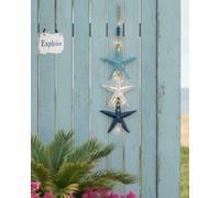 Lighted Wooden Fish & Starfish Wall Decor Beachy Mediterranean Nautical Wall Hanging Decor with Warm LED Wooden Coastal Beach Style Rope Ornament for Bathroom Porch & Beach House