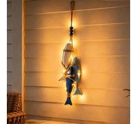 Lighted Wooden Starfish & Fish Hanging Decor with Warm LEDs，B | Coastal Nautical Beachy Wall Art Hanging,Mediterranean Ocean Theme Bathroom Pendant for Bathroom Porch House Restaurant Door