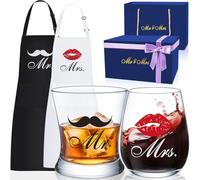 LIGHTEN LIFE Ensemble de verres à whisky et vin, cadeau de fiançailles pour couples, Mr & Mrs Appron et vin, cadeau d'anniversaire pour mariés, enterrement de vie de jeune fille, coffret cadeau Mr et