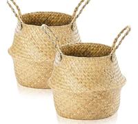 Lighterday Lot de 2 pot de fleur interieur panier osier tissés en jonc de mer avec poignée,pot de fleur corbeille a linge panier de rangement rond pour étagères(M 28 × 24 cm)