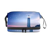 Lighthhouse at Starry Night with Moon Trousse à maquillage double couche pour femmes et filles Trousse de toilette de voyage Trousse de maquillage pratique avec compartiment à brosse, multicolore,