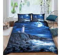 Lighthouse at Ensemble De Literie Microfibre Hypoallergique 3 pièces 3D Effet Facile d'entretien Coastal moonlit Linge de Lit avec 2 Taies d'oreiller Léger for Chambre Enfants Super king（260x220cm）