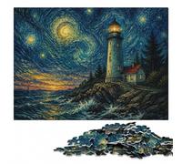 Lighthouse at Night with Swirling Sky Puzzle en Bois Adulte, 500 pièces | Un loisir manuel à la maison - une activité facile à interrompre puis reprendre le w nd.