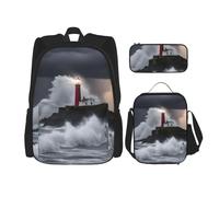 Lighthouse In Storm Ensemble sac à dos 3 pièces pour ordinateur portable avec sac à déjeuner et trousse à crayons