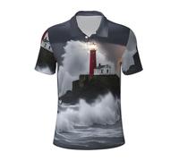 Lighthouse in Storm - Polo de golf à manches courtes pour homme - T-shirt hawaïen à manches courtes - Évacuation de l'humidité, noir, Taille 3XL