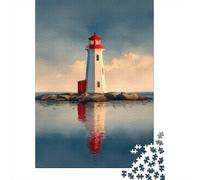 Lighthouse on Rocky Islet ｜ Reflected Lighthouse at Sunset Puzzle Adulte 1000 Pièces, 52x38cm/1000pcs, À Savourer Seul Ou en Bonne Compagnie; Carton Blanc Lisse Et Facile À Trier