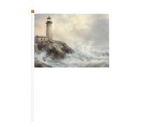 Lighthouse On The Rocky Coastline Lot de 10 petits drapeaux vintage à main sur bâton pour fête, activités d'équipe, défilés, décoration de vacances