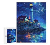 Lighthouse Reflections Night Scene Puzzle Décoratif en Bois, 500 PCS - Cadeau du Nouvel an, pour Se Détendre À La Maison sans Écran