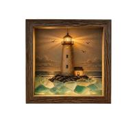 Lighthòuse Shadow Box - Sea Glass Nîght Lìght | LED Warm Glow, Nautical Dec | Wood Frame with Crystal Glass, DIY Sea Glass Kit, Soft Battery-Powered Glow, Beach-Inspired Wall Art, Shelf Accent, f