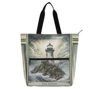 Lighthouse Sketch Story Sac fourre-tout noir et blanc pour enfants, étudiants, adultes, grand sac d'école, de plage, sac de courses avec fermeture éclair pour l'école et les jeux arc-en-ciel