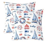 Lighthouse Taie d'oreiller,Belle Voile Bouée de Sauvetage Imprimé Taie d'oreiller,Océan Crabe Étoile de Mer Dauphin Coussin Housse,Garçon Fille Nautique Thème Décoratif Taie d'oreiller,55x55 Lot de 2