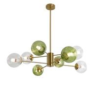 Lighting Plafonnier à 8 lumières en verre transparent à bulles - Lustre en verre vert du milieu du siècle - Lustre moderne en forme de globe doré - Luminaire suspendu en laiton pour îlot de cuisine