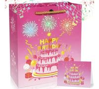 Lights Fireworks Musical Gift Bag Birthday with Card Happy Birthday Gift Bag for Wife, husbands, men and women (Pink)