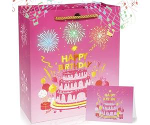 Lights Fireworks Musical Gift Bag Birthday with Card Happy Birthday Gift Bag for Wife, husbands, men and women (Pink)