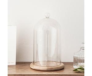 Lights4fun Cloche en Verre Décorative avec Plateau en Bois Bambou Dôme en Verre de 19 cm pour la Décoration Intérieure des Lumières, Centres de Table et Antiquités