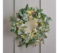 Lights4fun Couronne de Noël Pré-Éclairée avec Feuillage Artificielle et Baies Blanches de 60 cm et 50 LED Blanc Chaud à Piles et Minuterie pour Porte d’Entrée Décoration pour Intérieur et Extérieur